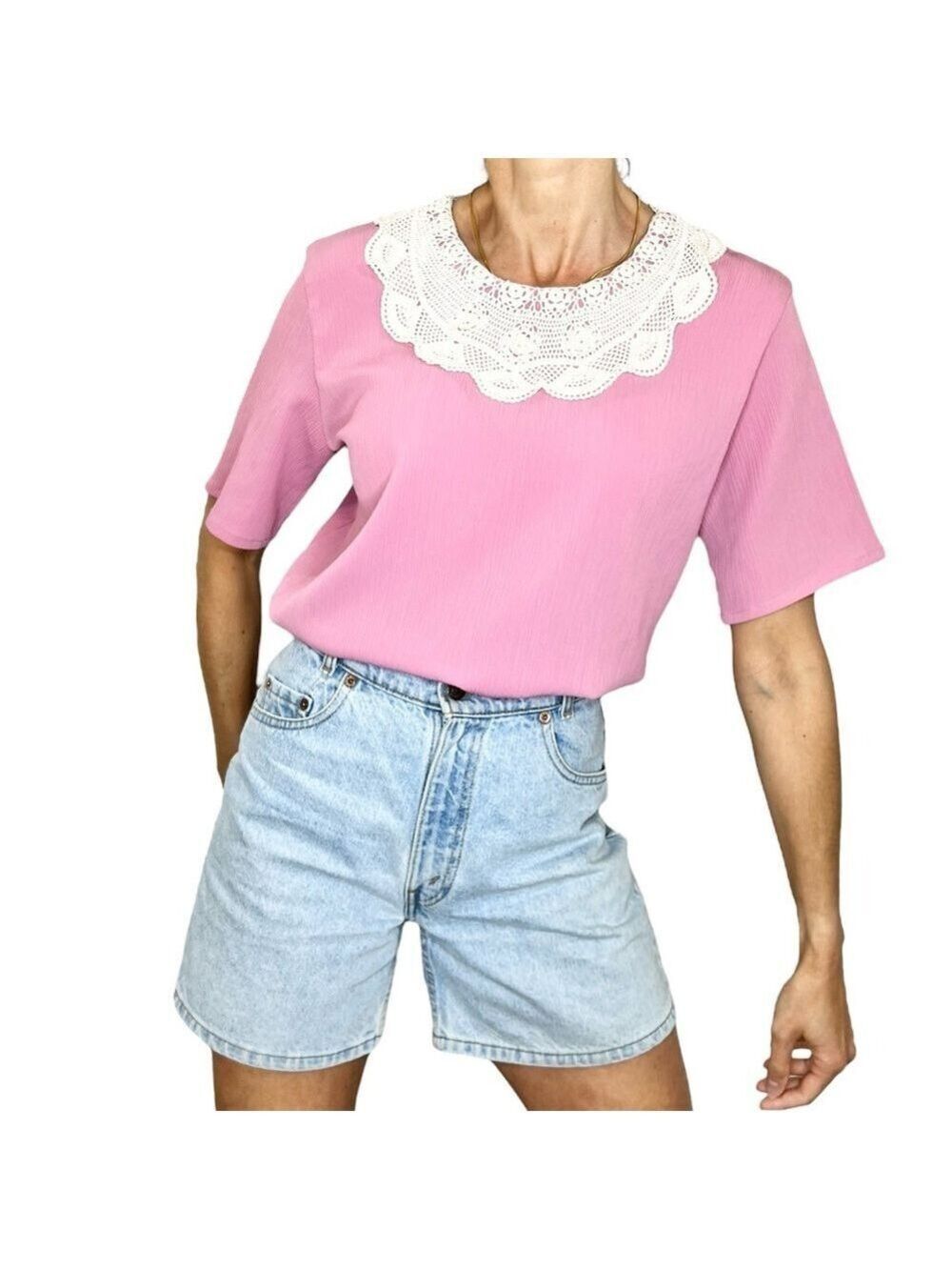 Vintage pink crinkly short sleeve crochet lace doily collar blouse top 12